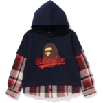 BAPE LAYERED HOODIE CHECK SHIRT KIDS-BLUE